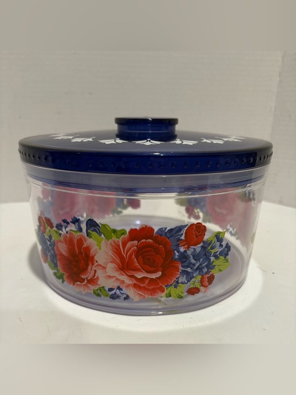 The Pioneer Woman Blue Lid Glass Storage Jar with Red Floral Accent